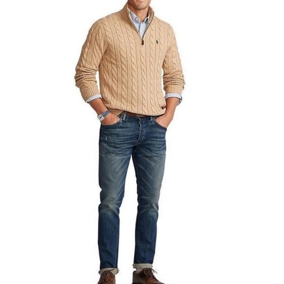 Polo Ralph Lauren Cable Knit Cotton Quarter Zip Sweater Tan Size XL - Picture 11 of 11